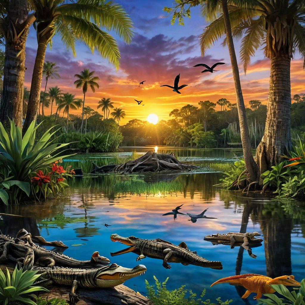 A vibrant collage showcasing the diverse wildlife of Florida, featuring alligators basking in sunlit swamps, colorful birds soaring above lush green canopies, and striking plant life around serene water bodies. Include a picturesque sunset backdrop to enhance the natural beauty and diversity of the ecosystem, inviting viewers to explore further. super-realistic. vivid colors. 3D.
