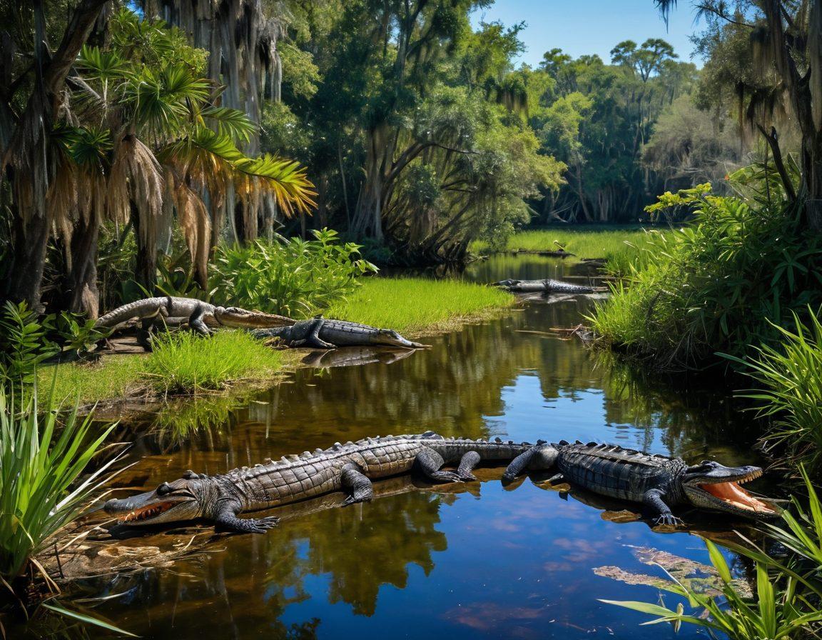 A vibrant landscape of Florida's wetlands showcasing a group of playful alligators basking in the sun, surrounded by lush greenery and colorful birds. Include a diverse range of wildlife such as turtles and herons, while hinting at a cozy blogger's nook with a laptop and a camera nearby. The scene should evoke a sense of adventure and exploration, highlighting the beauty of nature. colorful and dynamic. super-realistic. bright colors.