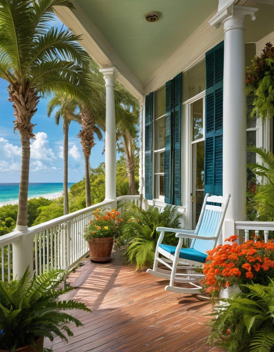 A vibrant landscape showcasing Florida's natural beauty, featuring lush green palm trees, colorful wildflowers, and a bright blue sky filled with fluffy white clouds. In the foreground, a charming Southern-style porch with rocking chairs, adorned with hanging ferns and a view of the tropical scenery. Add elements like a dolphin jumping in the ocean and a sunset over the horizon. super-realistic. vibrant colors. warm tones.